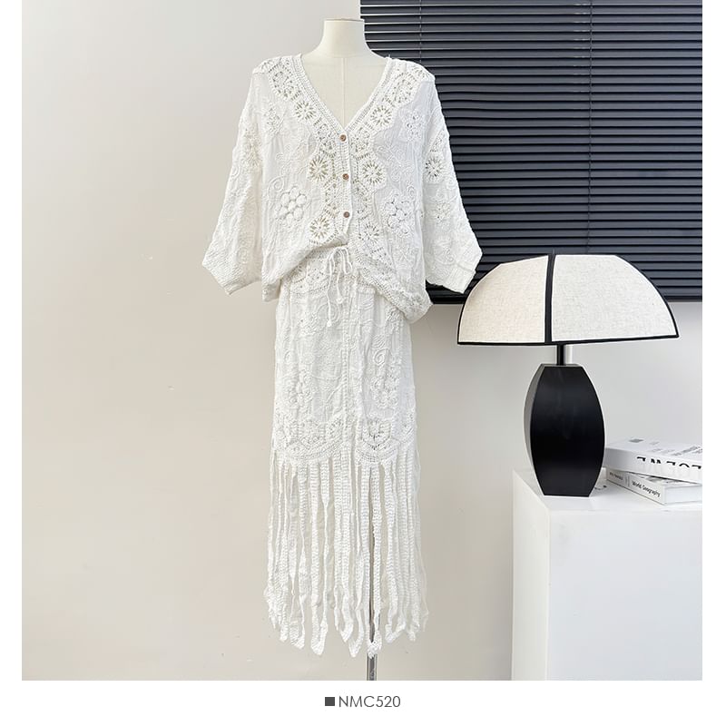 Lace V-Neck Blouse with Fringed High-Waist Pencil Skirt