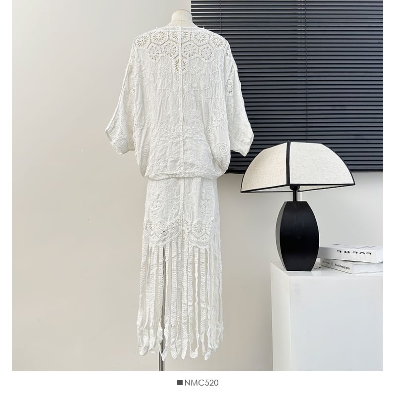 Lace V-Neck Blouse with Fringed High-Waist Pencil Skirt