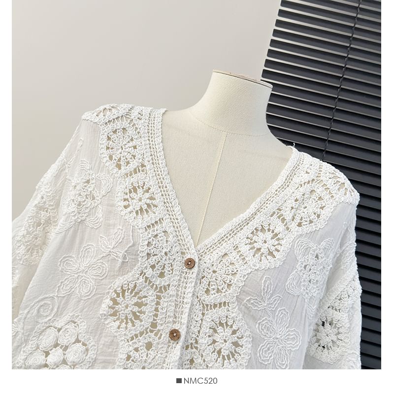 Lace V-Neck Blouse with Fringed High-Waist Pencil Skirt