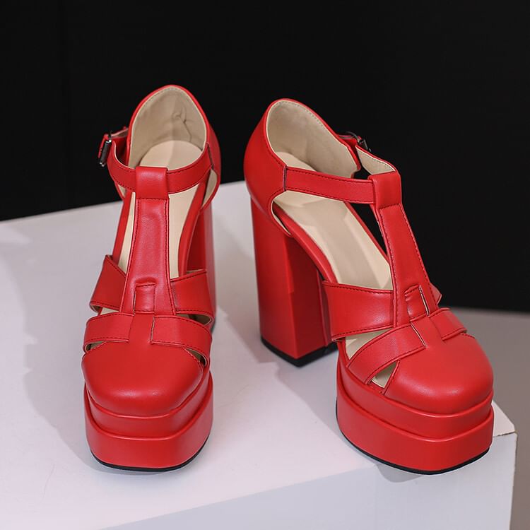 Sandals Leather Plain Faux Heel Chunky Buckled