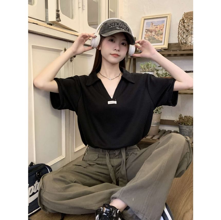 Drawstring V-Neck Applique Short-Sleeve Shirt Polo Hem