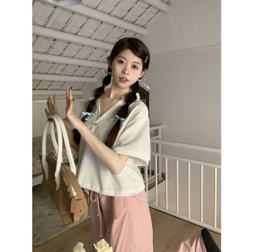 Drawstring V-Neck Applique Short-Sleeve Shirt Polo Hem