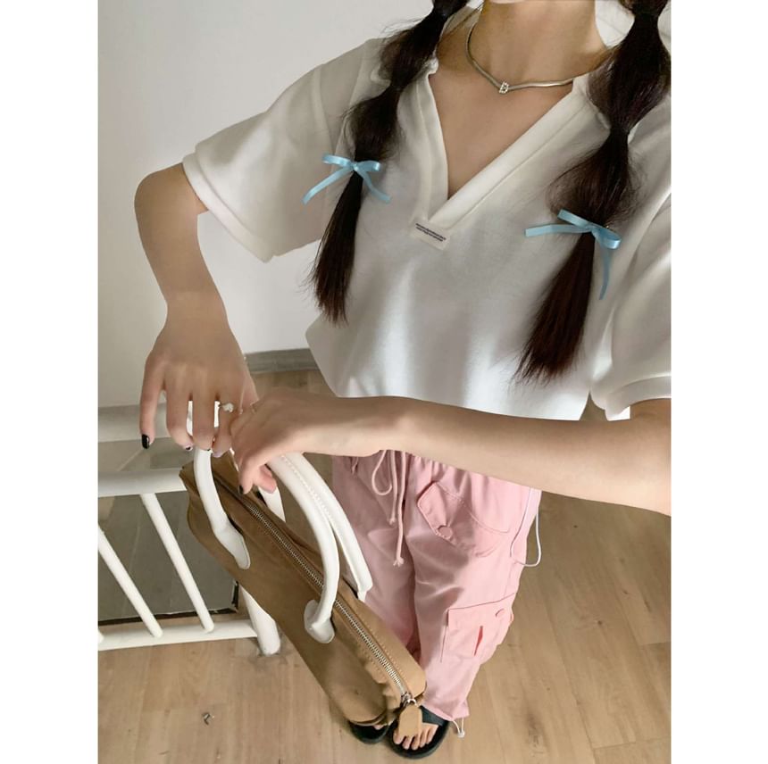 Drawstring V-Neck Applique Short-Sleeve Shirt Polo Hem