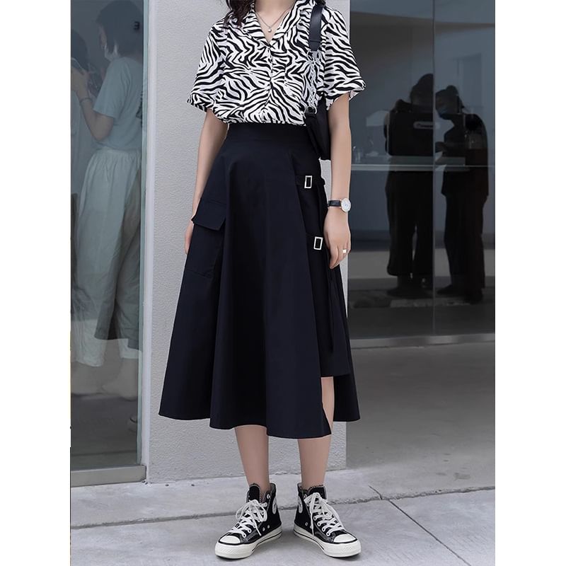 Asymmetrical Buckled A-Line Waist Plain Slit Elastic Midi Skirt
