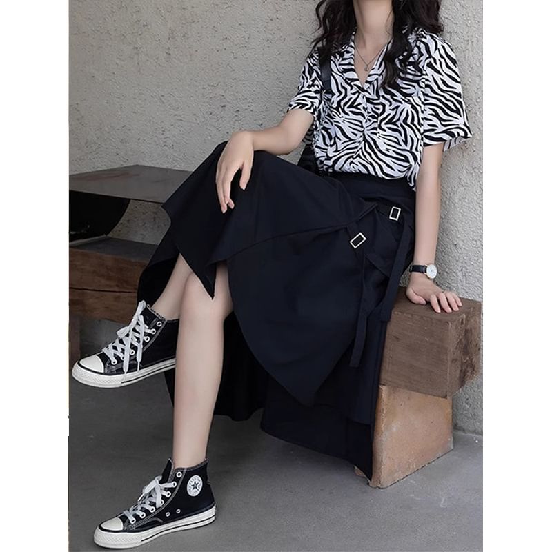 Asymmetrical Buckled A-Line Waist Plain Slit Elastic Midi Skirt