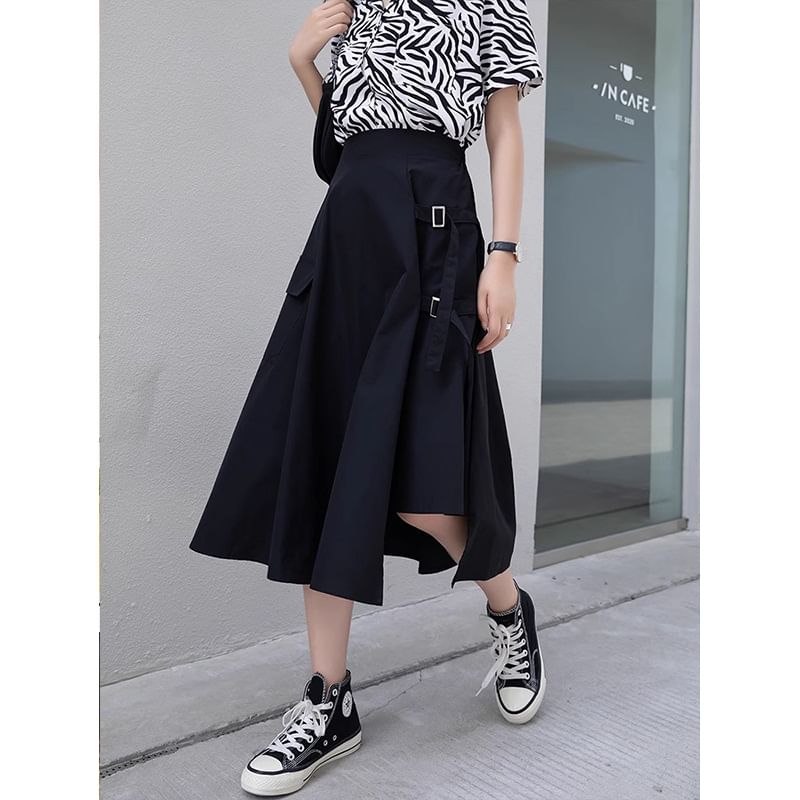 Asymmetrical Buckled A-Line Waist Plain Slit Elastic Midi Skirt