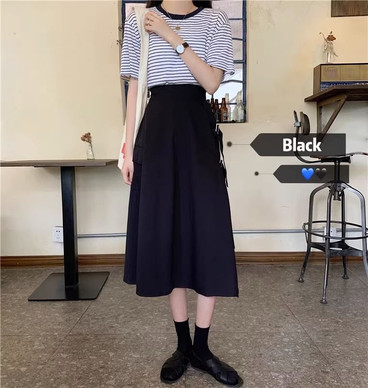 Asymmetrical Buckled A-Line Waist Plain Slit Elastic Midi Skirt