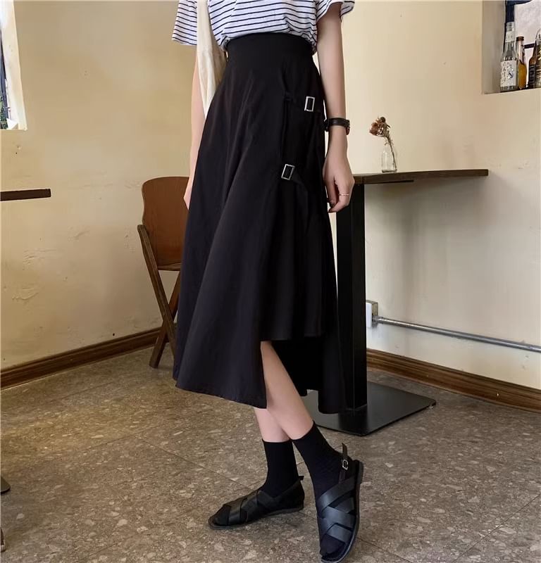 Asymmetrical Buckled A-Line Waist Plain Slit Elastic Midi Skirt