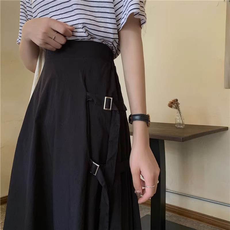 Asymmetrical Buckled A-Line Waist Plain Slit Elastic Midi Skirt
