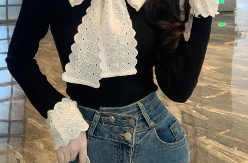 Tie-Neck Lace-Trim Knit Long-Sleeve Top