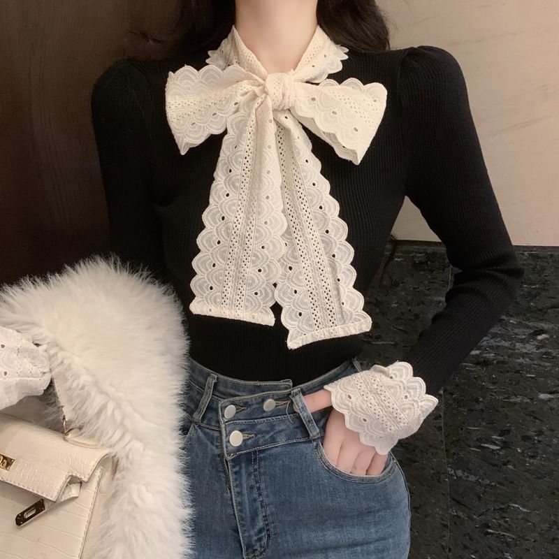 Tie-Neck Lace-Trim Knit Long-Sleeve Top