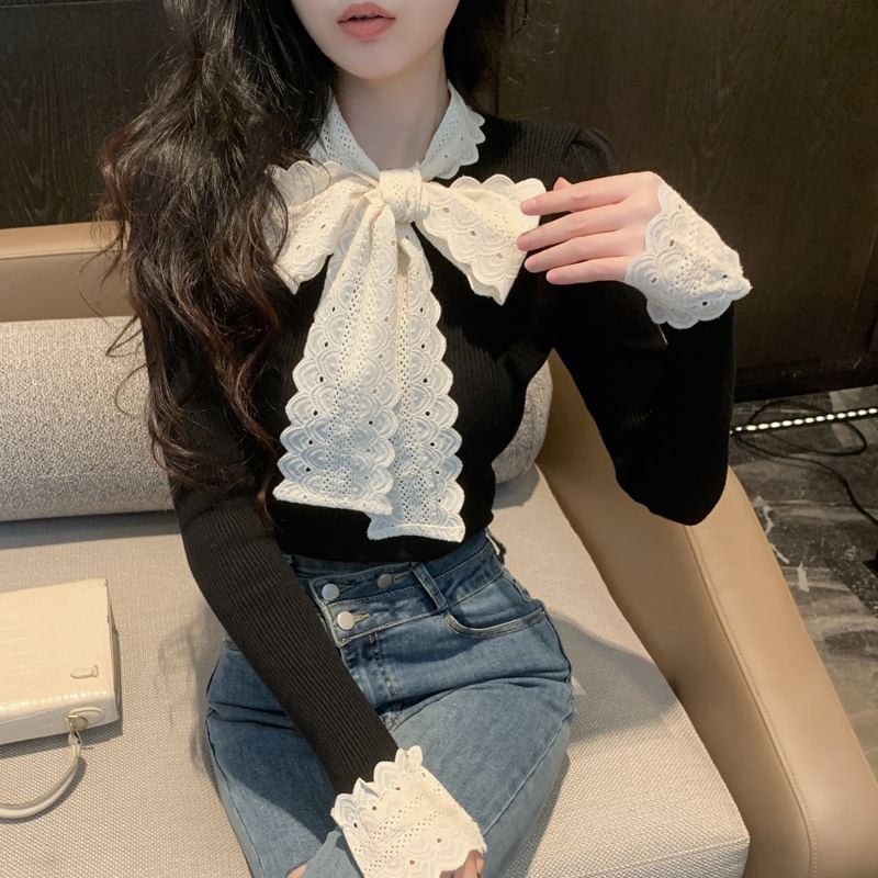 Tie-Neck Lace-Trim Knit Long-Sleeve Top