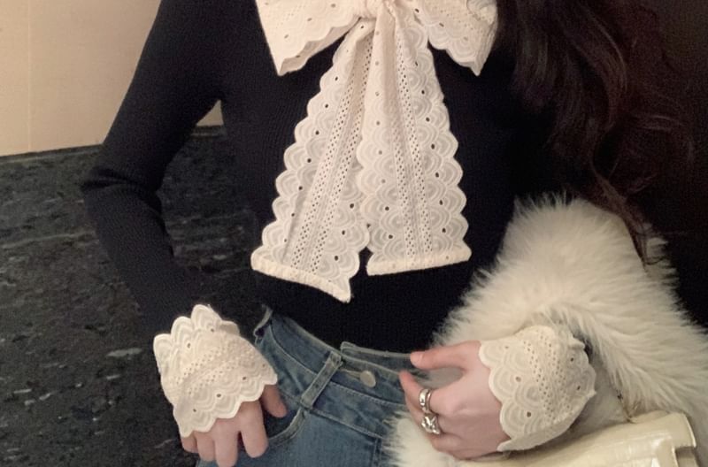Tie-Neck Lace-Trim Knit Long-Sleeve Top