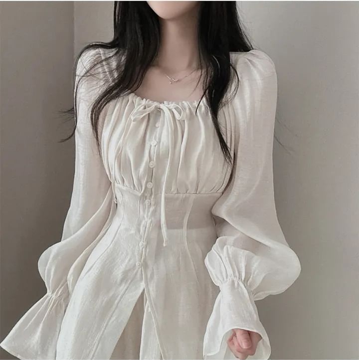 Puff-Sleeve Square-Neck Blouse and A-Line Mini Skirt Set