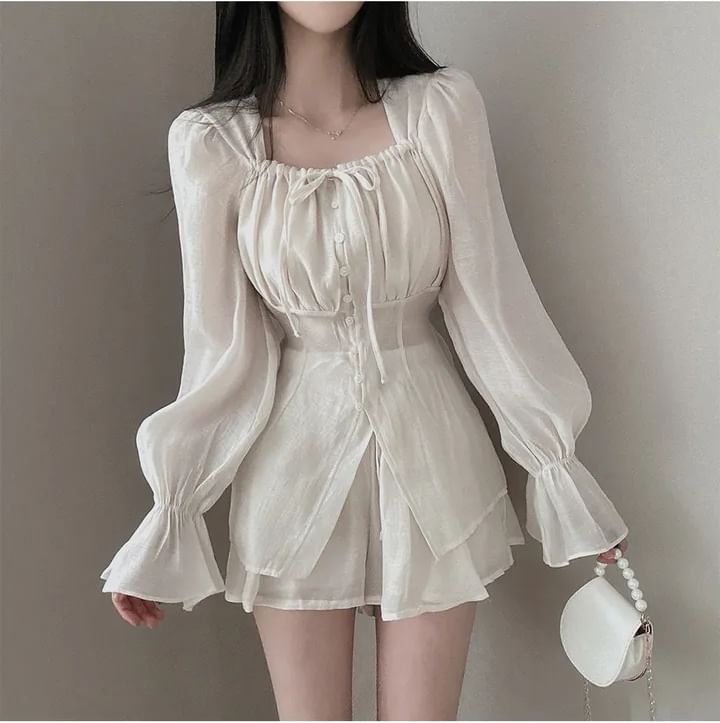 Puff-Sleeve Square-Neck Blouse and A-Line Mini Skirt Set