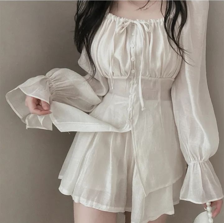 Puff-Sleeve Square-Neck Blouse and A-Line Mini Skirt Set