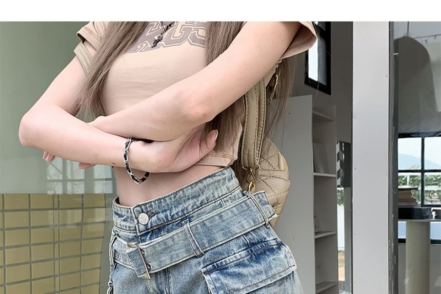 Washed Denim Mini Skirt with Belted High Waist