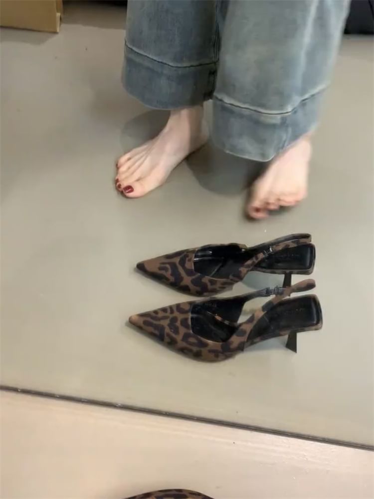 Leopard Slingback Pointed Sandals Heel Print High Toe