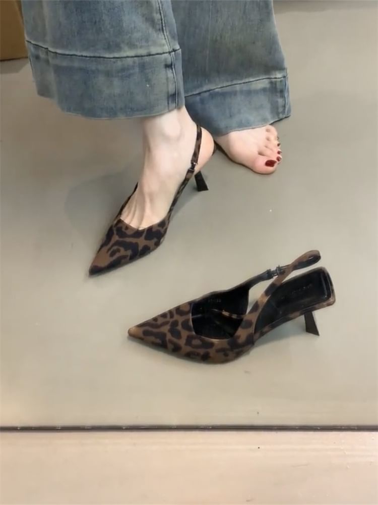 Leopard Slingback Pointed Sandals Heel Print High Toe