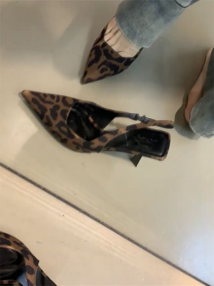 Leopard Slingback Pointed Sandals Heel Print High Toe