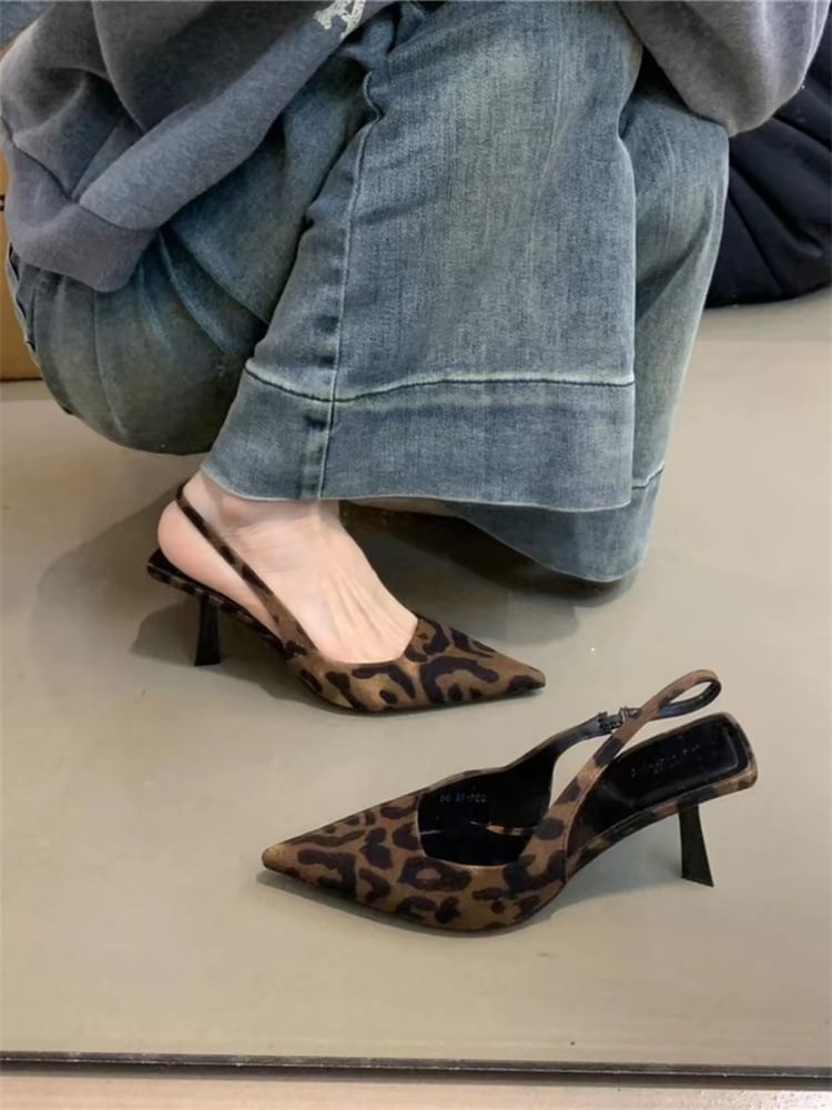 Leopard Slingback Pointed Sandals Heel Print High Toe