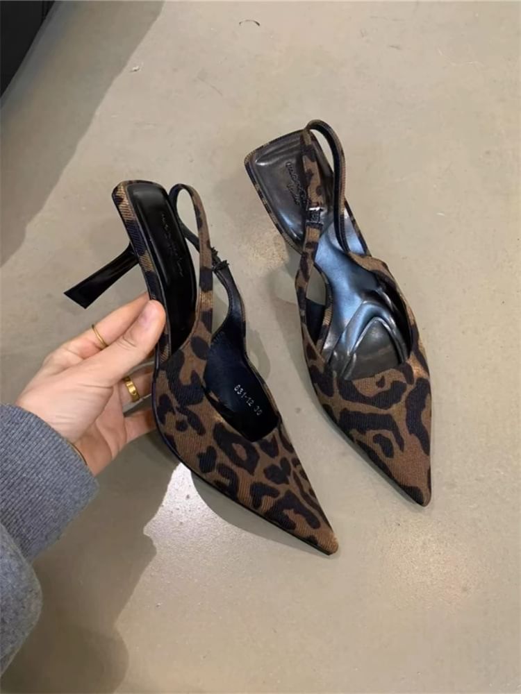 Leopard Slingback Pointed Sandals Heel Print High Toe