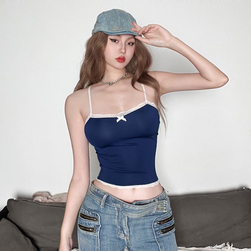 Bow-Adorned Lace-Trim Camisole Top