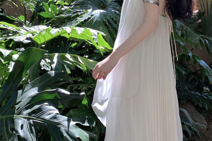 Strap Dress Midi Plain Pleated Spaghetti