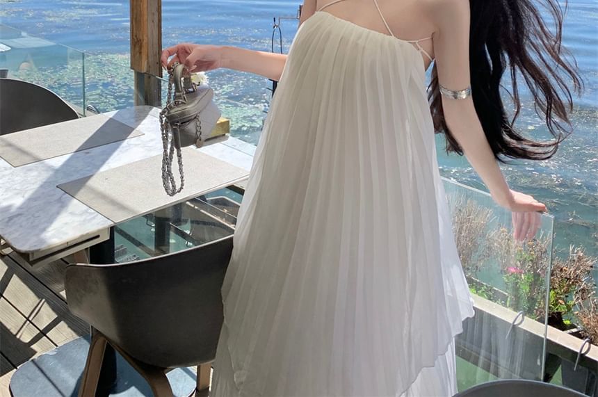 Strap Dress Midi Plain Pleated Spaghetti