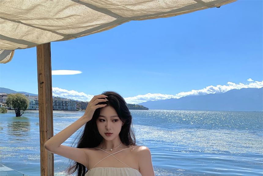 Strap Dress Midi Plain Pleated Spaghetti