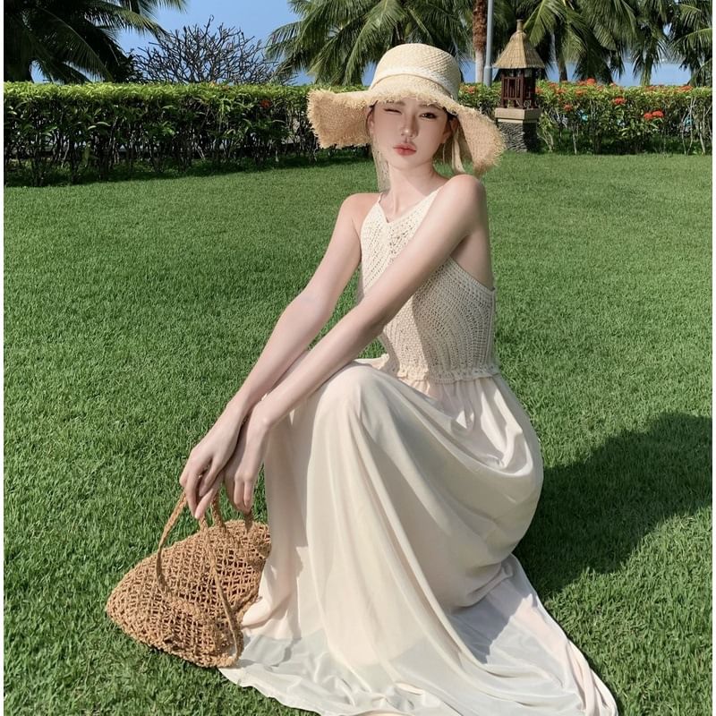 Dress Spaghetti Maxi A-Line Strap Panel Plain Knit