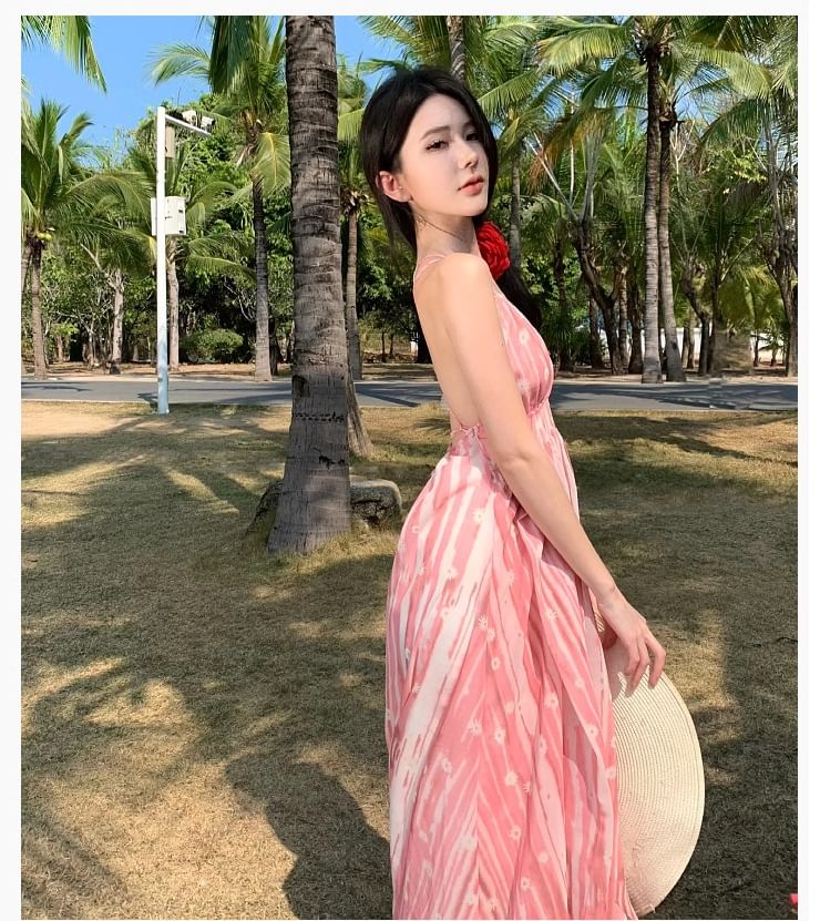 Maxi Strap A-Line V-Neck Patterned Dress Spaghetti