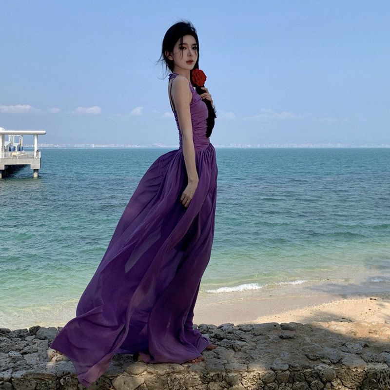 A-Line Maxi Neck Spaghetti Plain Dress Strap Scoop