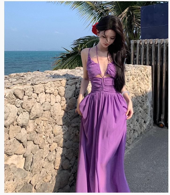 A-Line Maxi Neck Spaghetti Plain Dress Strap Scoop