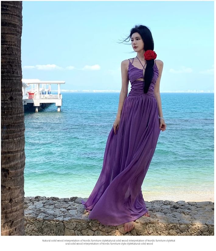 A-Line Maxi Neck Spaghetti Plain Dress Strap Scoop