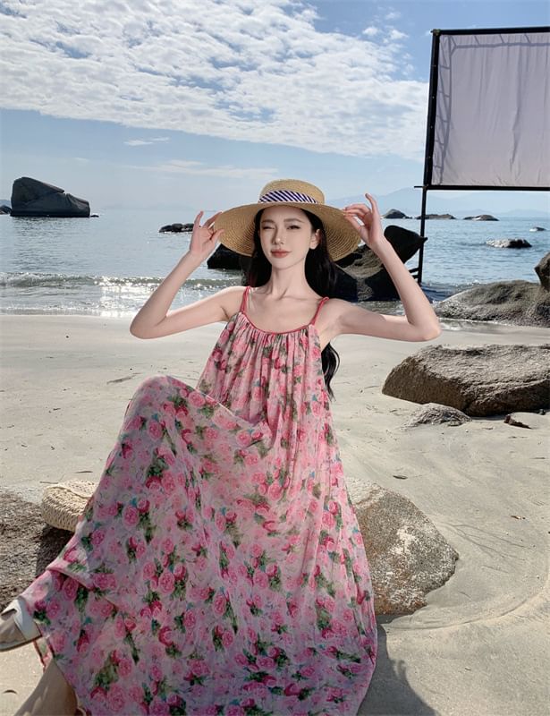 Spaghetti Strap Scoop Dress A-Line Neck Floral Maxi