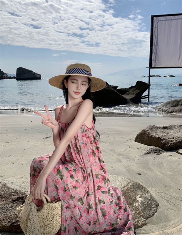 Spaghetti Strap Scoop Dress A-Line Neck Floral Maxi