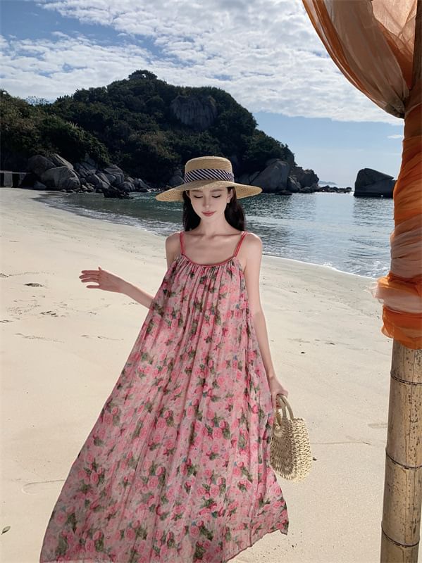 Spaghetti Strap Scoop Dress A-Line Neck Floral Maxi