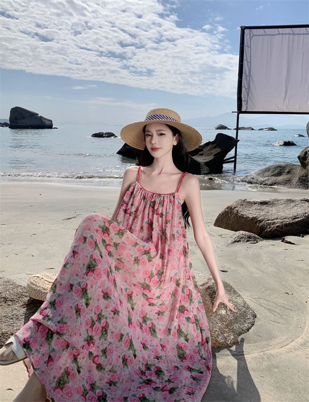 Spaghetti Strap Scoop Dress A-Line Neck Floral Maxi