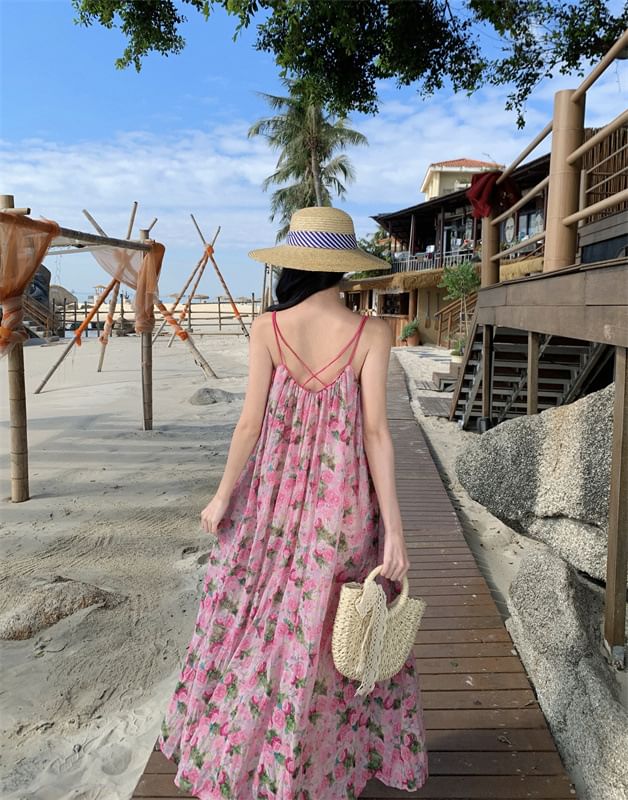 Spaghetti Strap Scoop Dress A-Line Neck Floral Maxi