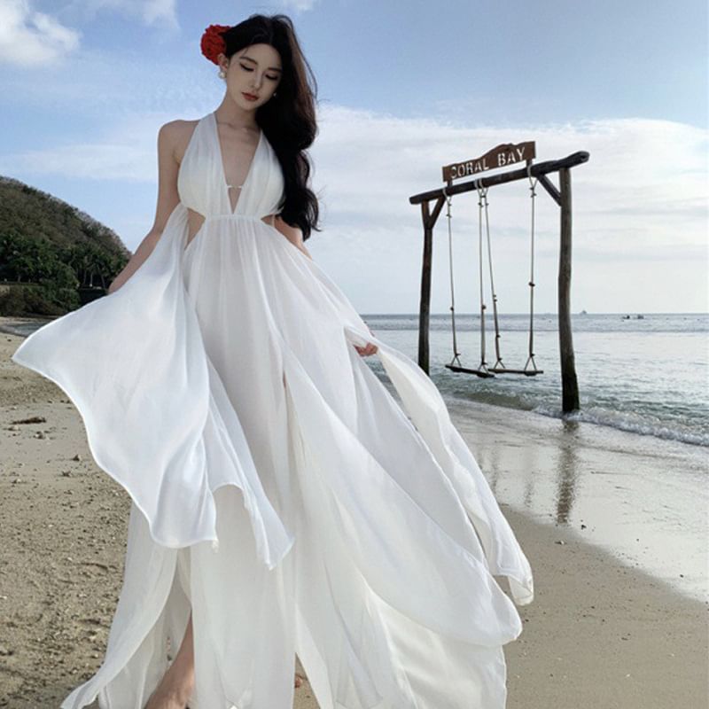 Dress V-Neck Plain Sleeveless Maxi A-Line