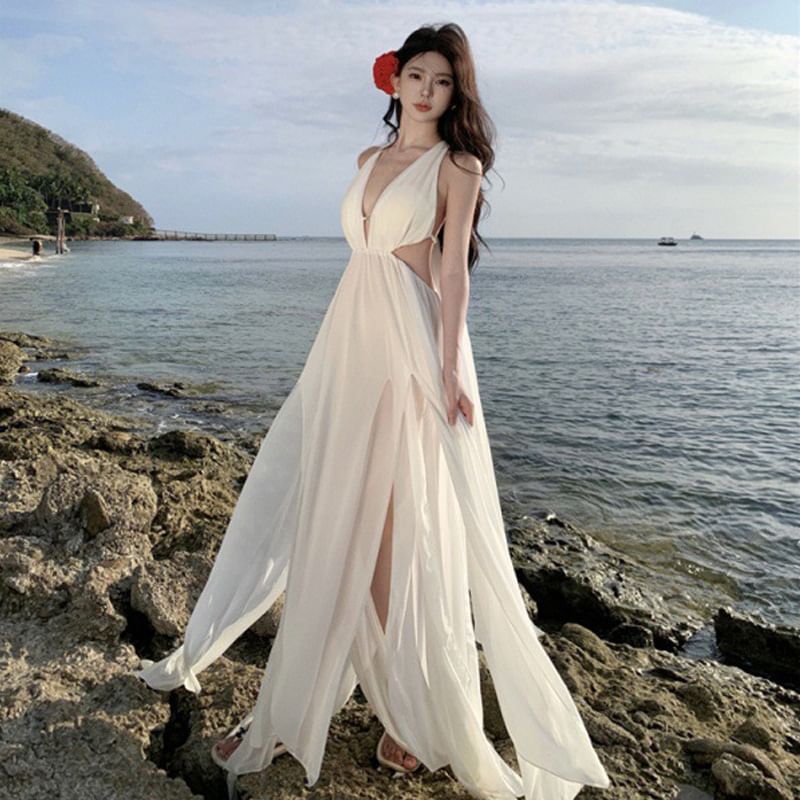 Dress V-Neck Plain Sleeveless Maxi A-Line