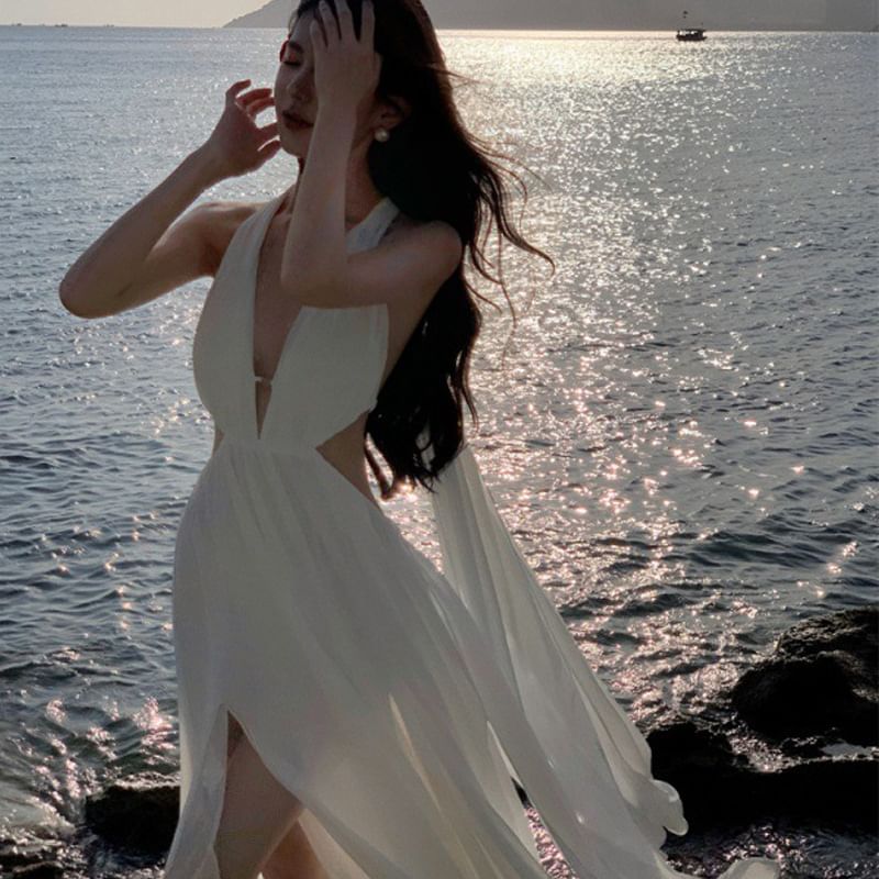 Dress V-Neck Plain Sleeveless Maxi A-Line