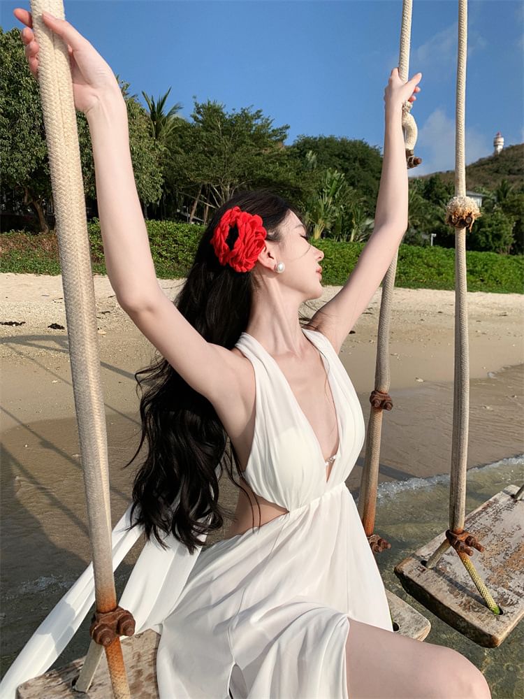 Dress V-Neck Plain Sleeveless Maxi A-Line