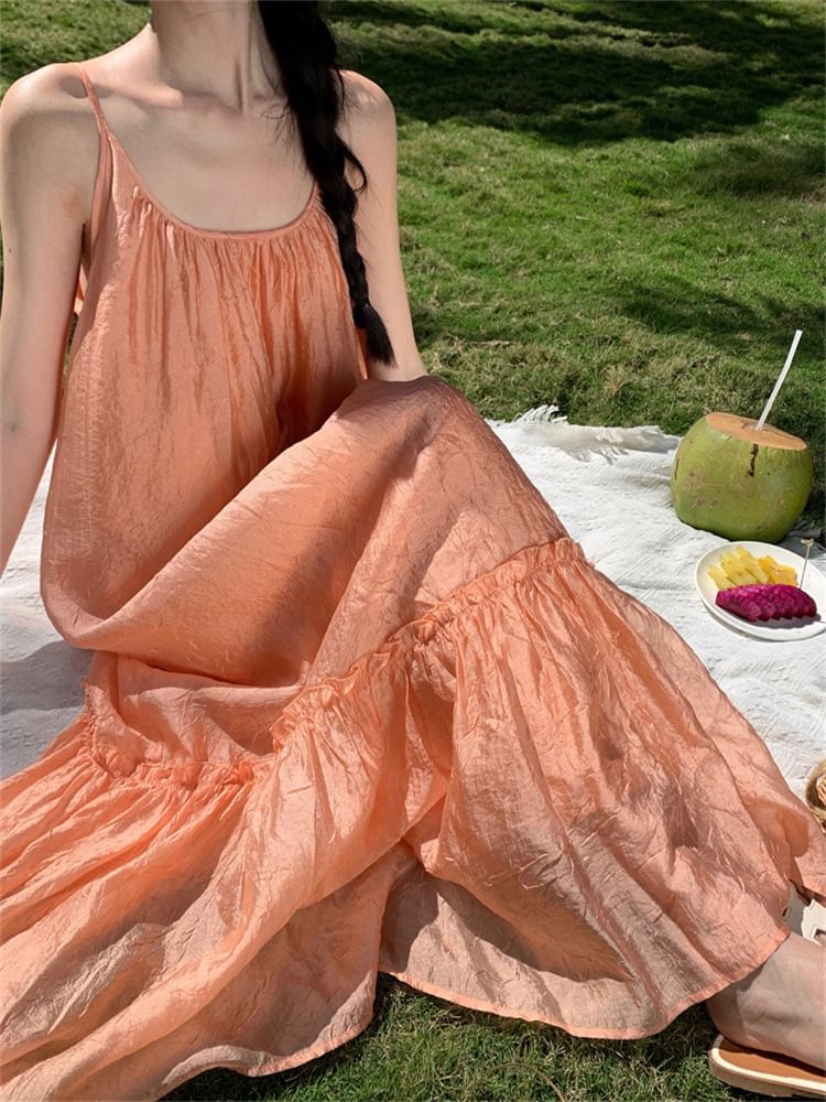 Maxi Strap Spaghetti Neck Scoop A-Line Plain Dress