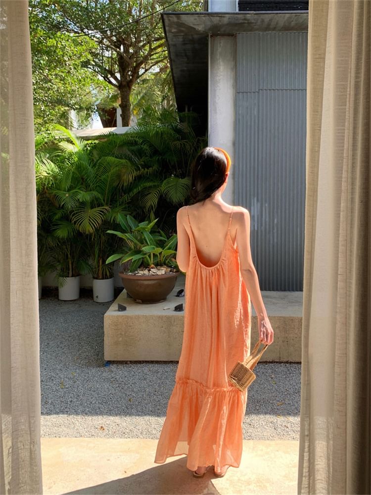 Maxi Strap Spaghetti Neck Scoop A-Line Plain Dress