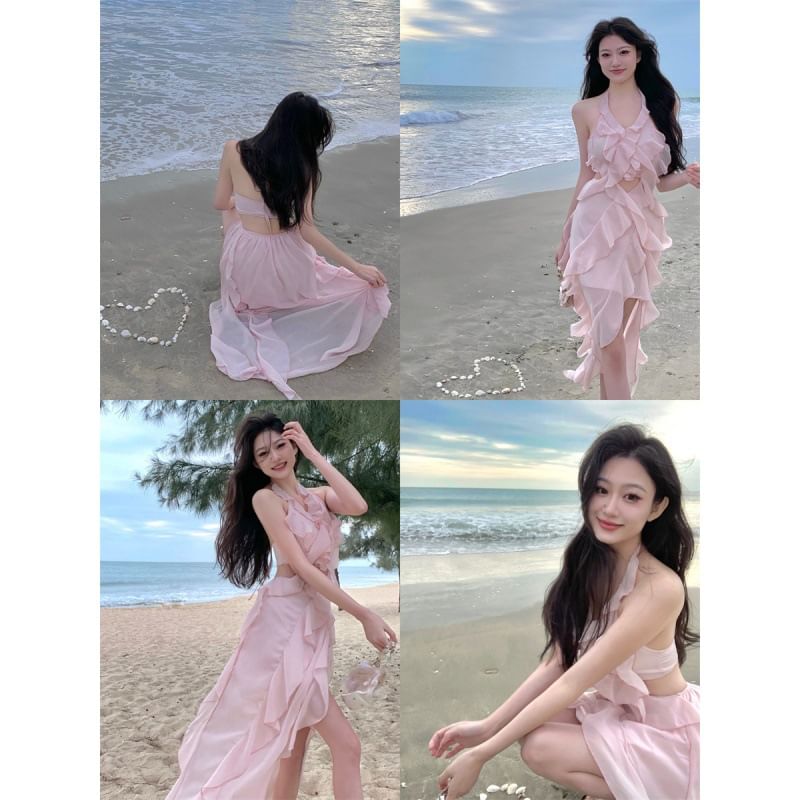 Trim Cutout Ruffle Plain A-Line Dress Neck Halter Mini