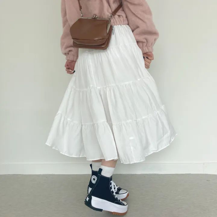 A-Line Midi Skirt with Elastic Waist and Tiered Layers