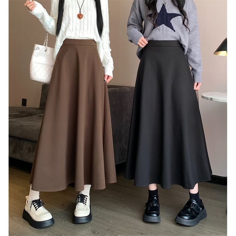 Plain A-Line Midi Skirt with High Waist