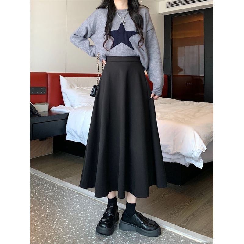 Plain A-Line Midi Skirt with High Waist